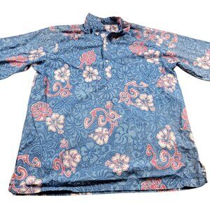 Go Barefoot Hawaiian Shirt Mens XL Blue Floral Cotton Button Down Camp